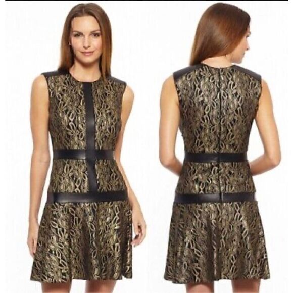 Nicole Miller Leather Trim Black Gold Size 10 Brocade Fit Flare Drop Waist Dress - Picture 1 of 13